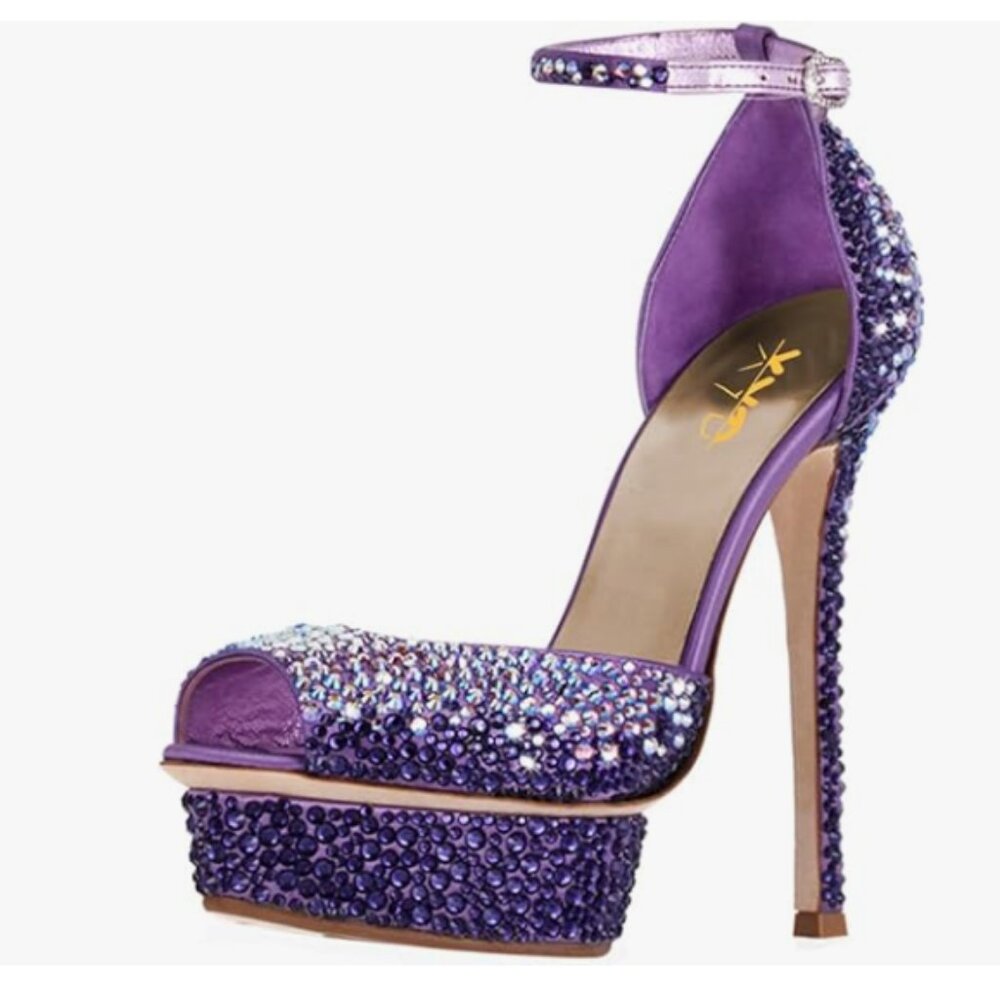 XYD Light Purple Sparkling Bejeweled Platform Evening Heels Peep Toe Sandals